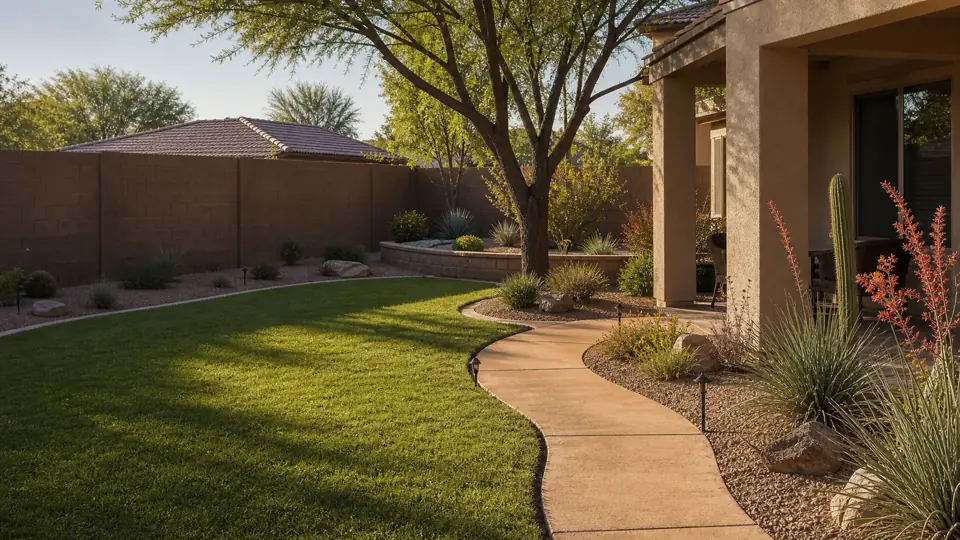 Finished Chandler backyard with lawn, curved walkway, shade tree, and desert-adapted planting