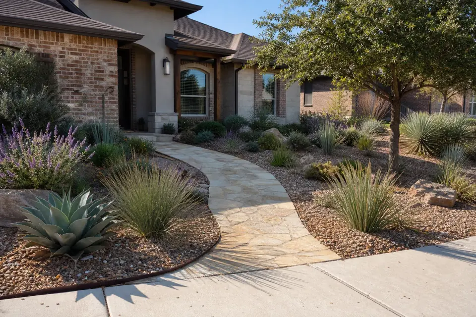 Water-wise desert front yard with drought-tolerant plants, rock, and a clean walkway in Chandler Arizona
