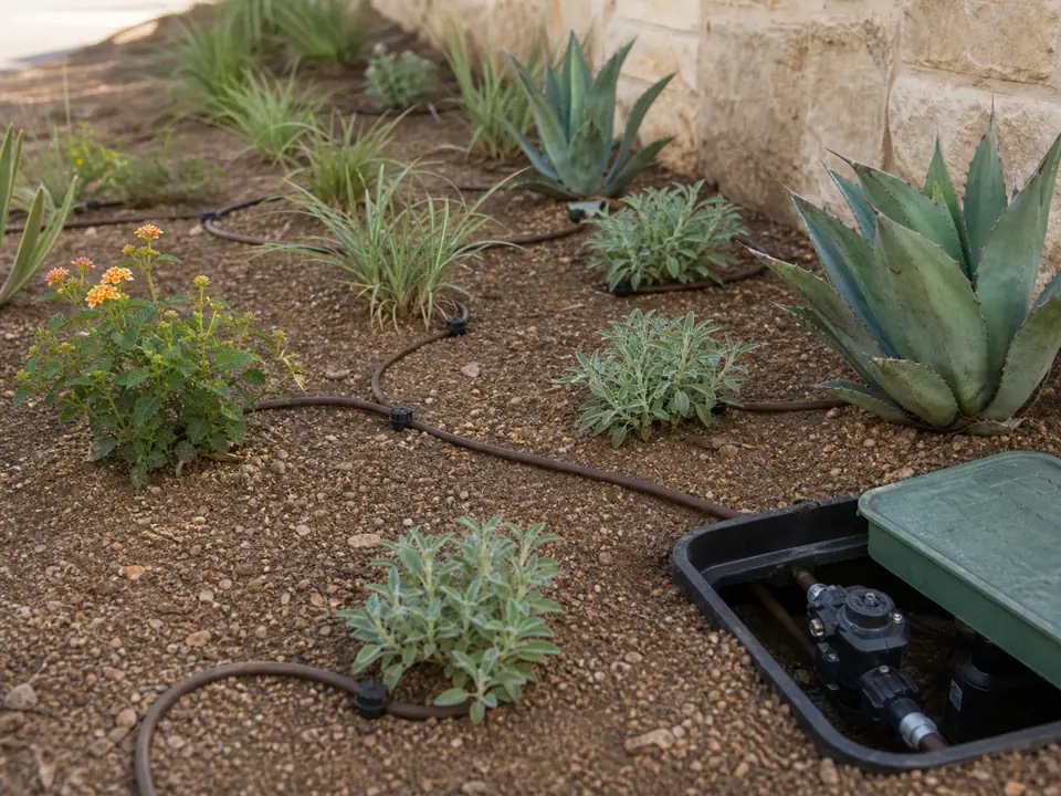 Drip irrigation repair beside pavers and low-water plants in a Chandler landscape