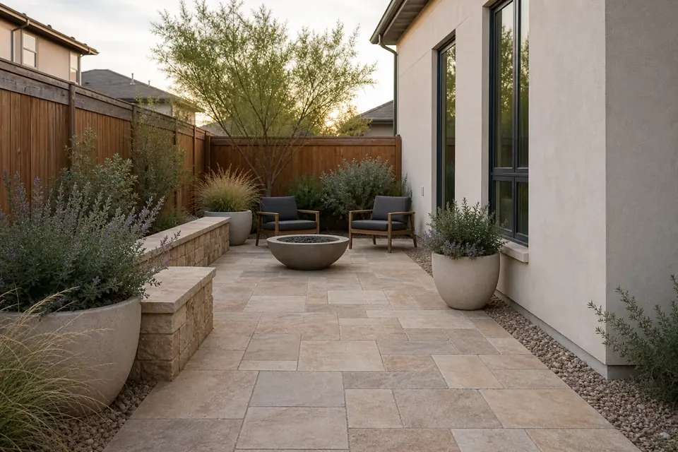 Detailed paver patio and walkway installation beside desert planting in Chandler