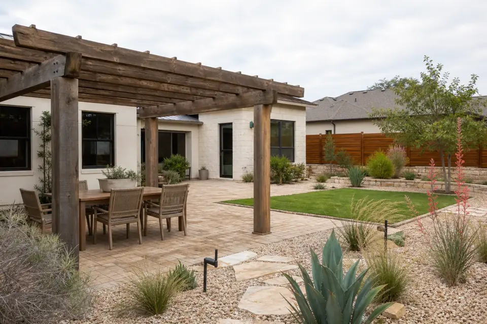 Family-friendly Chandler backyard with shade, pavers, green space, and desert planting