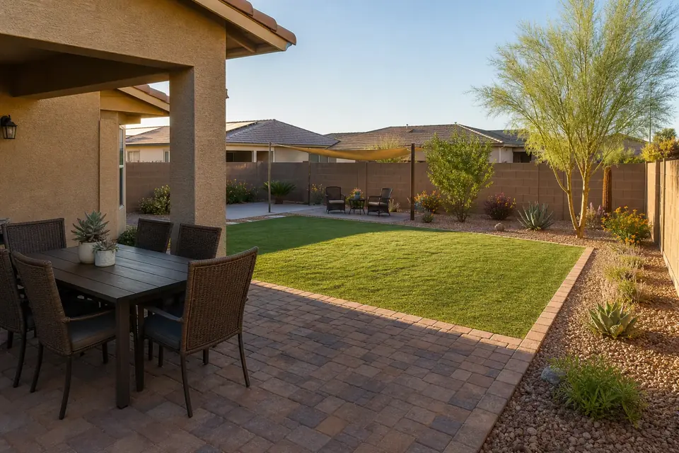 Finished Chandler backyard landscape with a clean poolside-style paver and planting layout