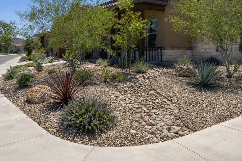 Layered landscape rock and decomposed granite in a Chandler desert yard