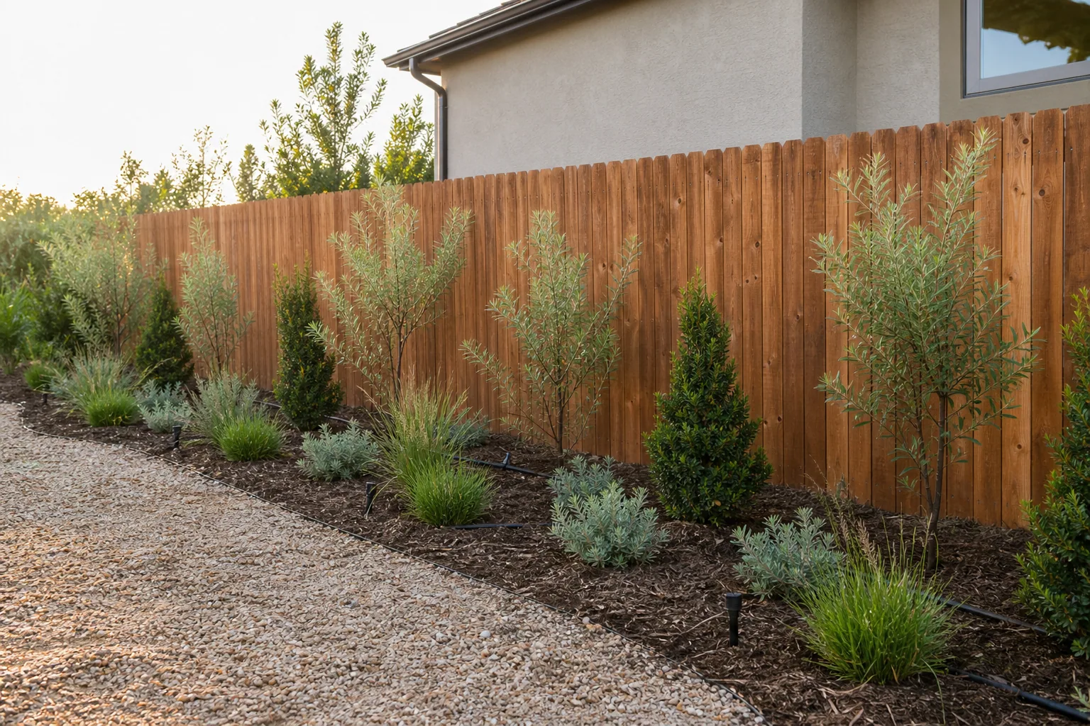 Young trees and shrubs arranged along a residential property