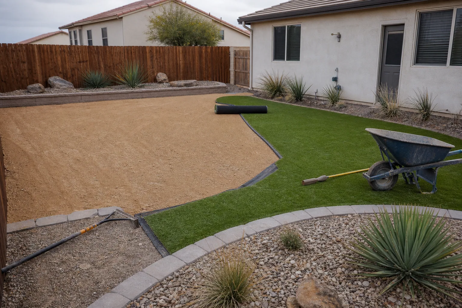 Artificial turf installation with prepared base and clean edges